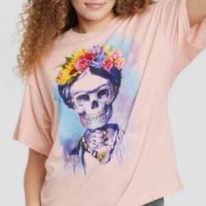 Frida Kahlo Day of the Dead Peach Graphic Tee XS Dia De Los Muertos